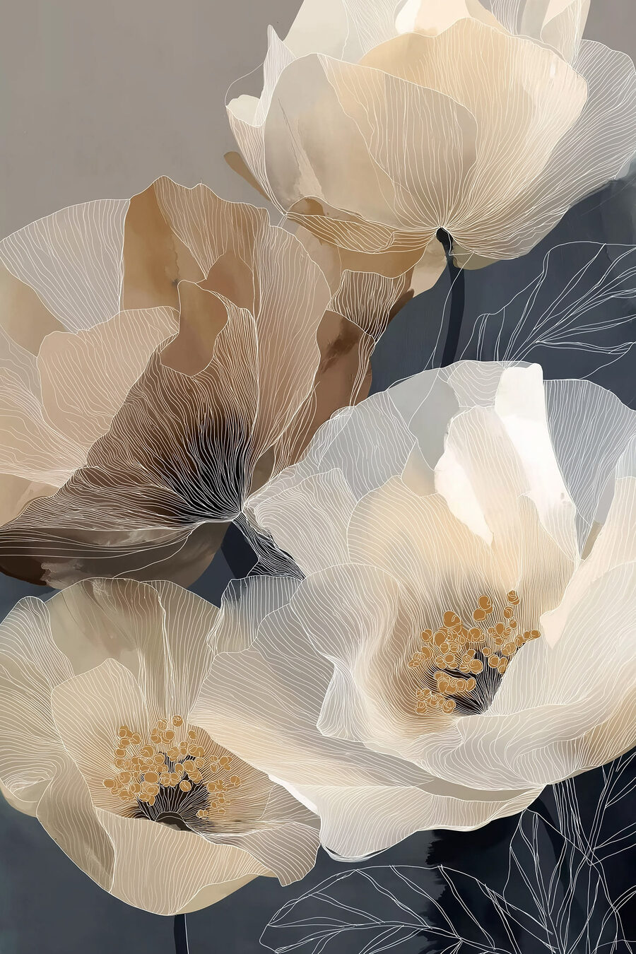 Cálices brancos sobre azul-escuro — design completo