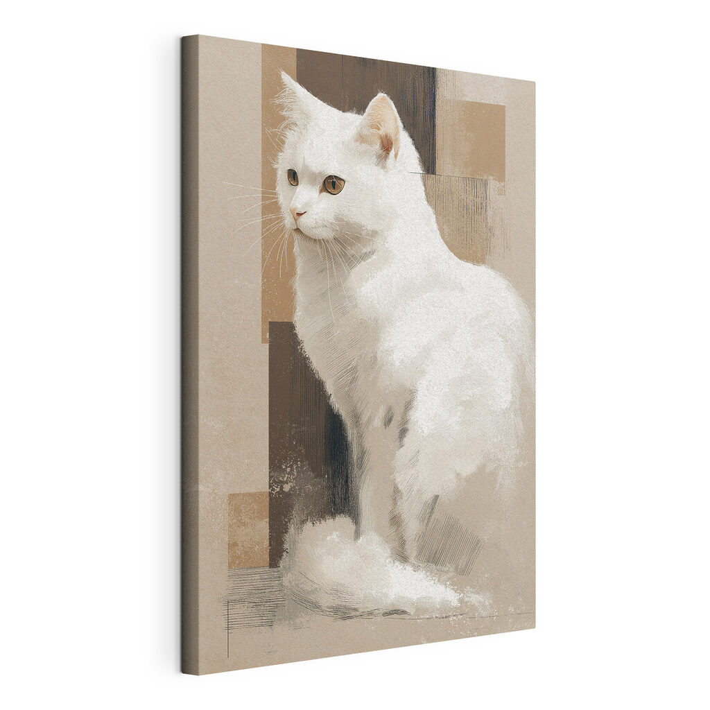 Gato branco, tons terrosos, tela esticada e borda contínua