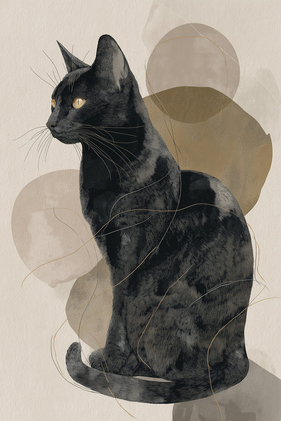 Gato preto entre círculos — design completo