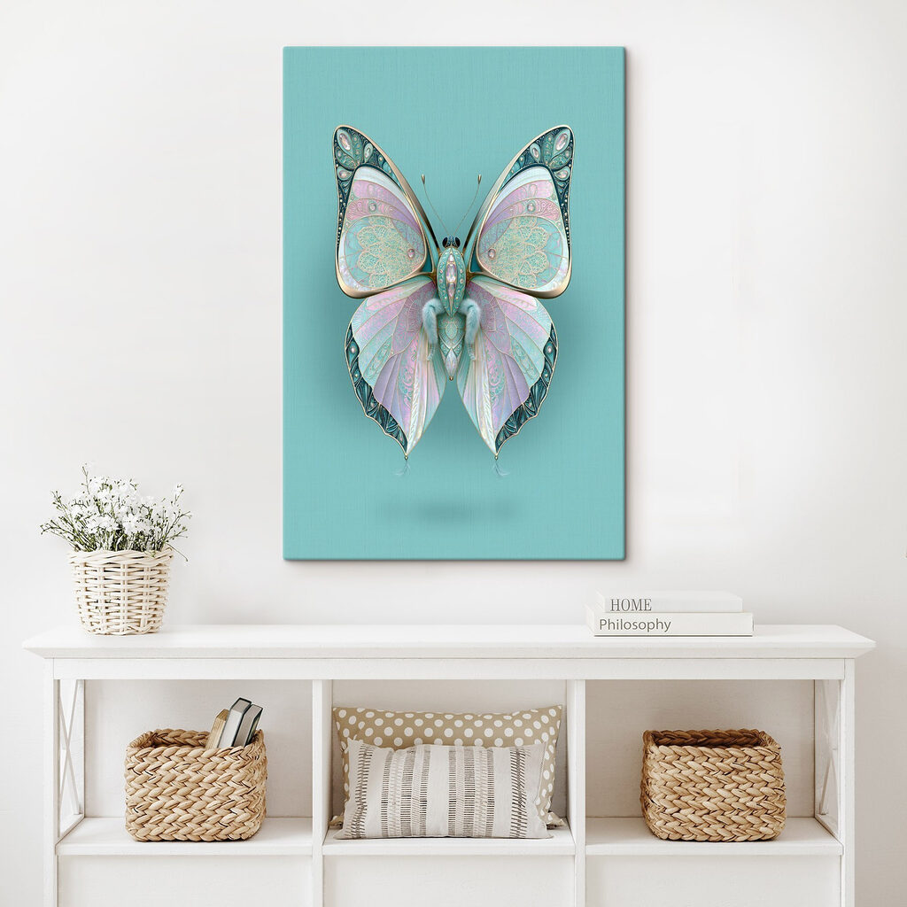 Borboleta pastel sobre turquesa — interior 2
