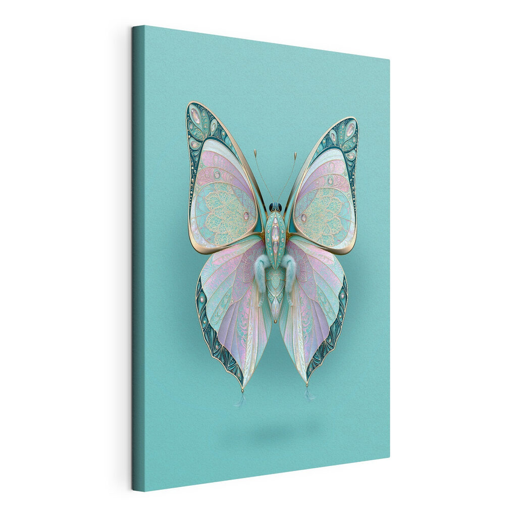 Borboleta pastel sobre turquesa, tela esticada e borda contínua