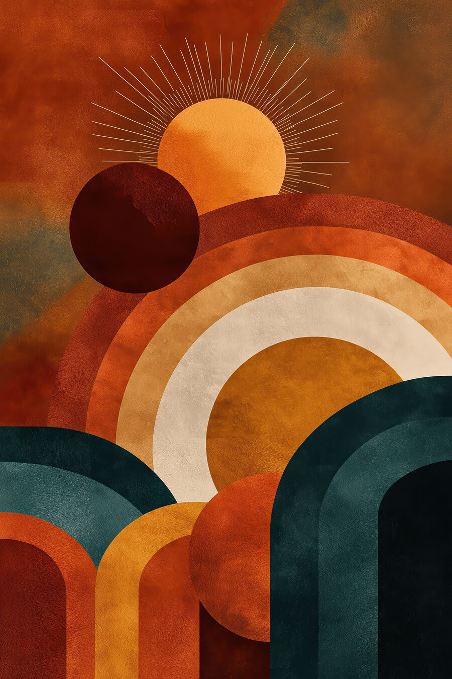 Sol nascente sobre arcos — design completo
