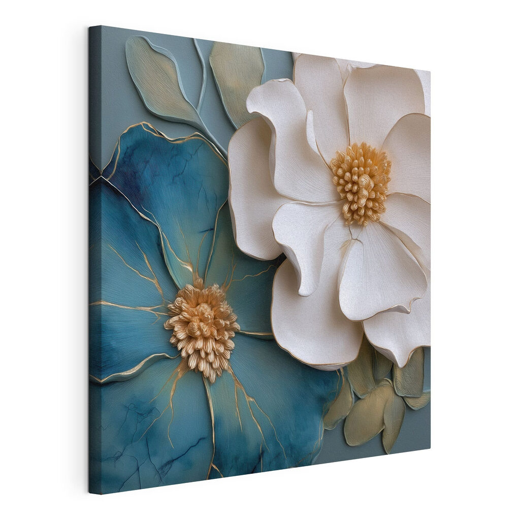 Flor branca e azul, tela esticada e borda contínua