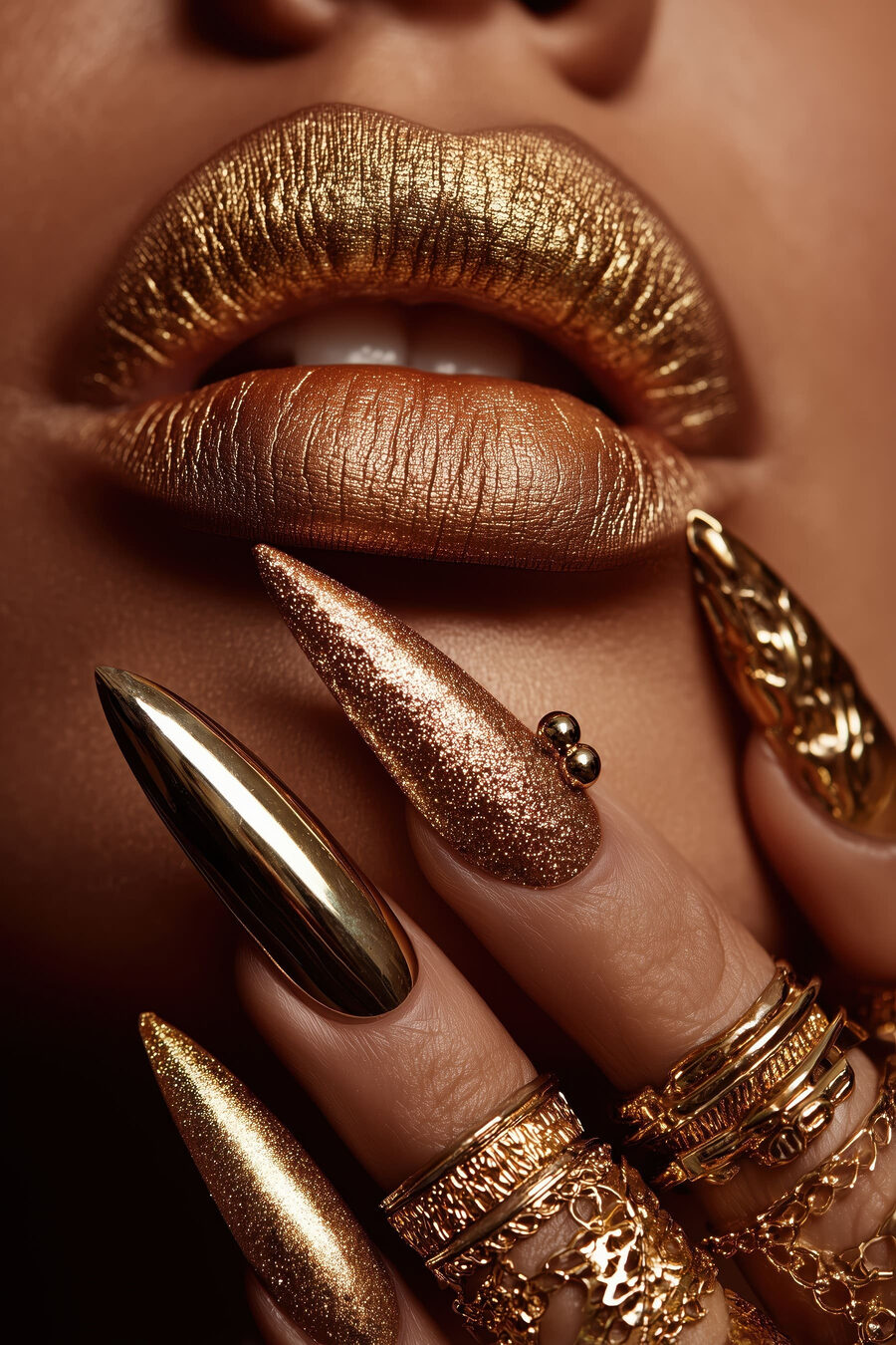 Lábios e unhas dourados — design completo