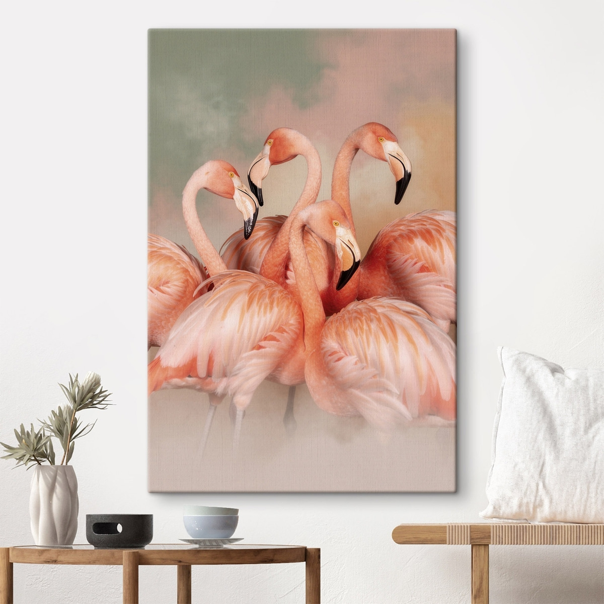 Flamingos cor-de-rosa em pastel num interior