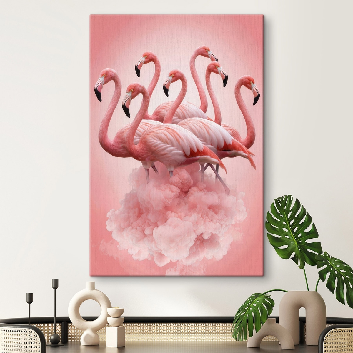 Flamingos sobre nuvem rosa num interior