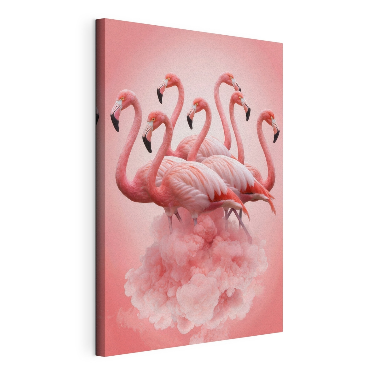 Flamingos sobre nuvem rosa, tela esticada e borda contínua
