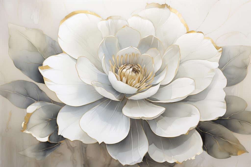 Flor branca, orla dourada — design completo
