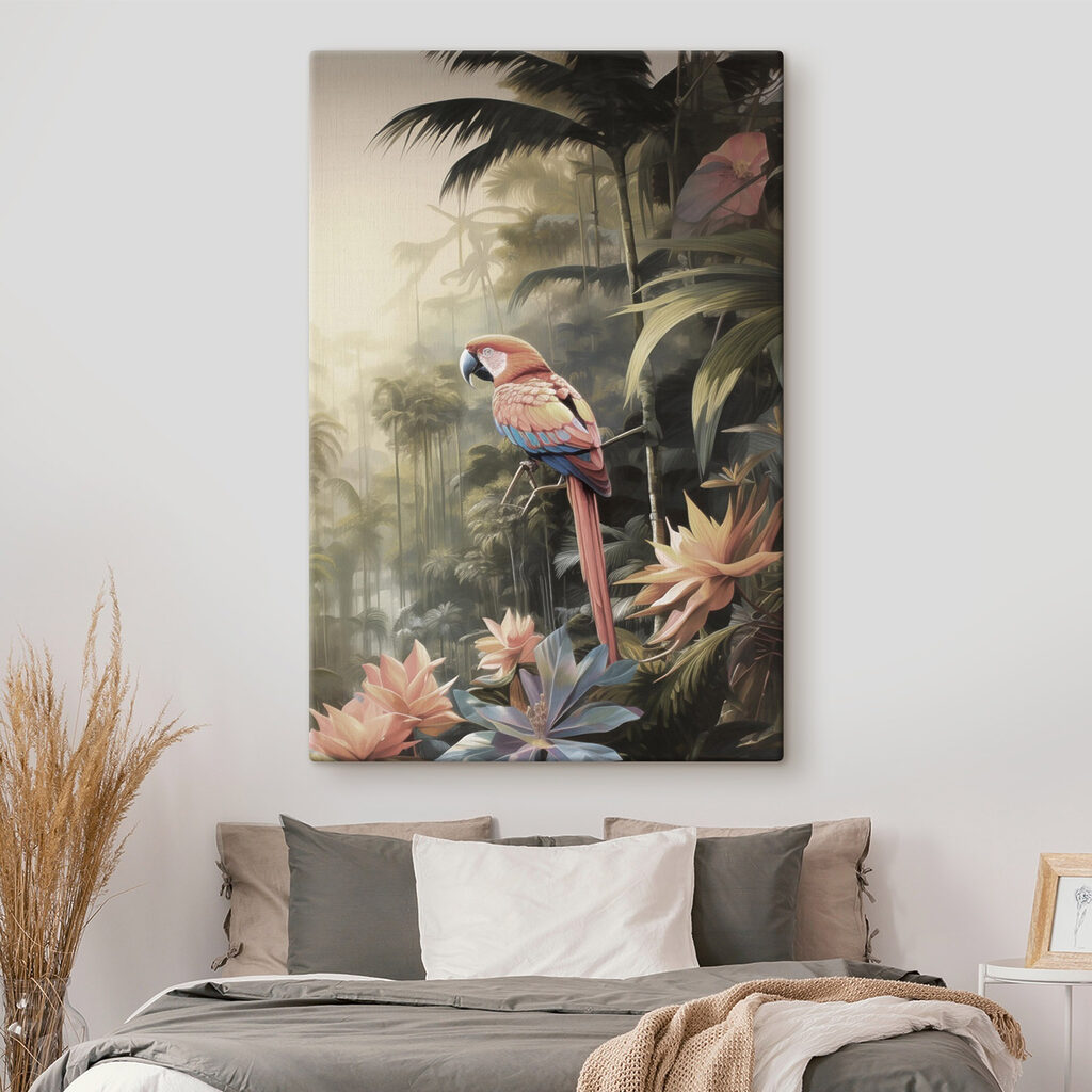 Arara entre folhas tropicais — interior 2