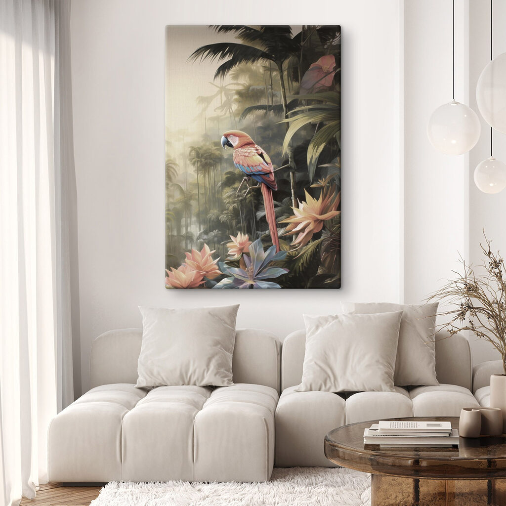 Arara entre folhas tropicais — interior 1
