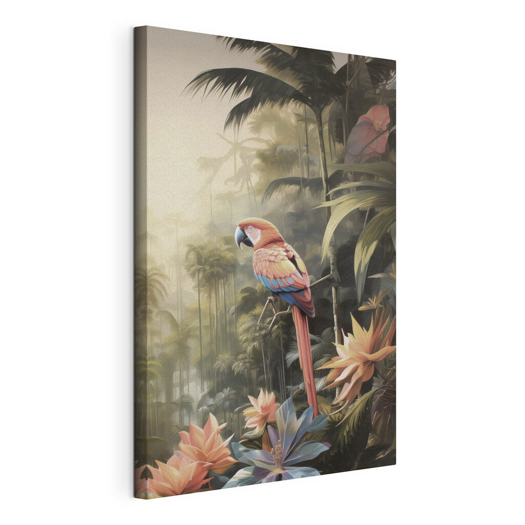 Arara entre folhas tropicais, tela esticada e borda contínua