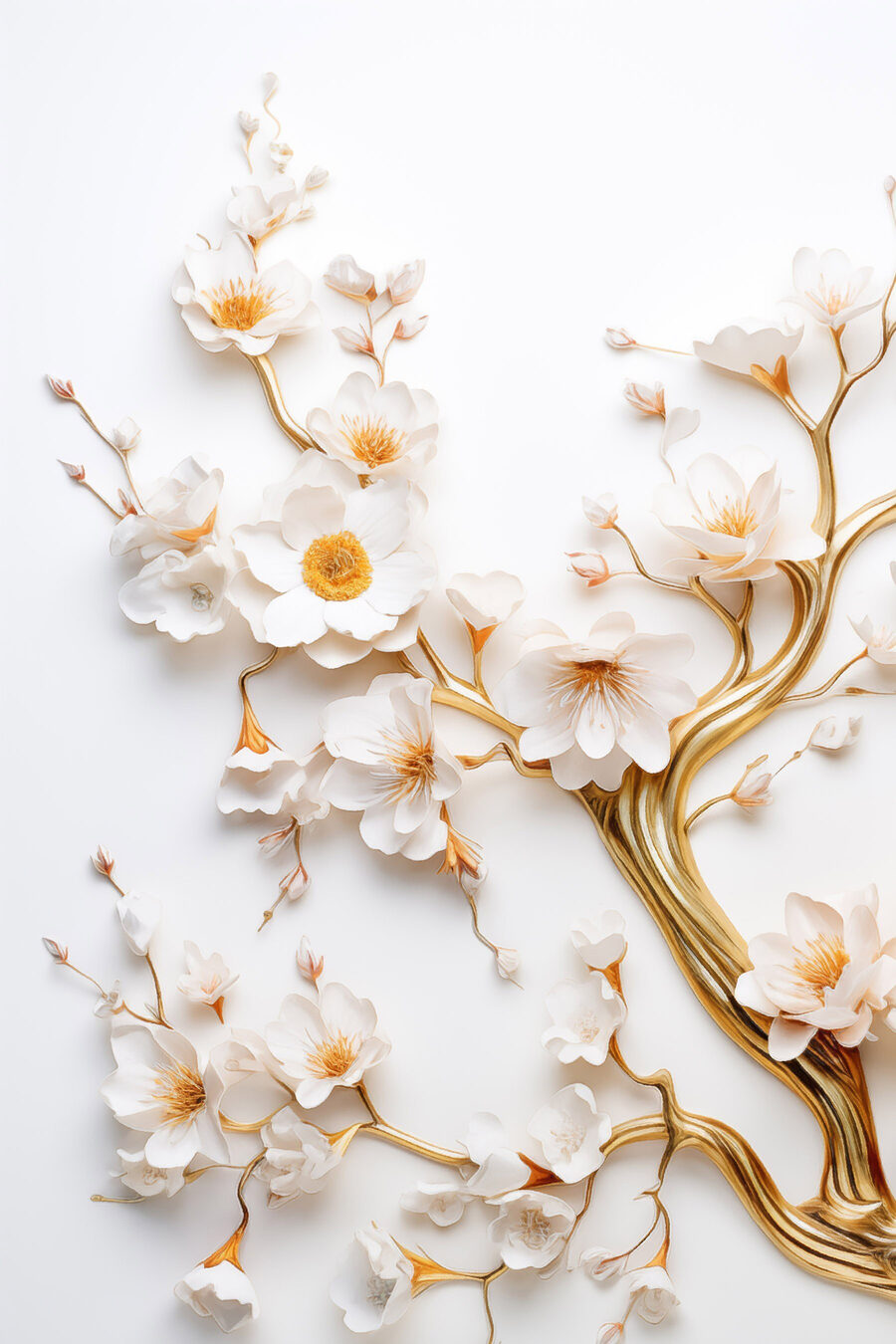 Ramos dourados, flores brancas — design completo