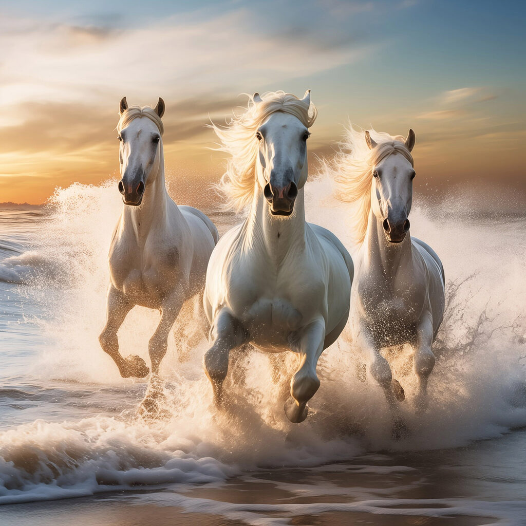 Três cavalos na rebentação — design completo