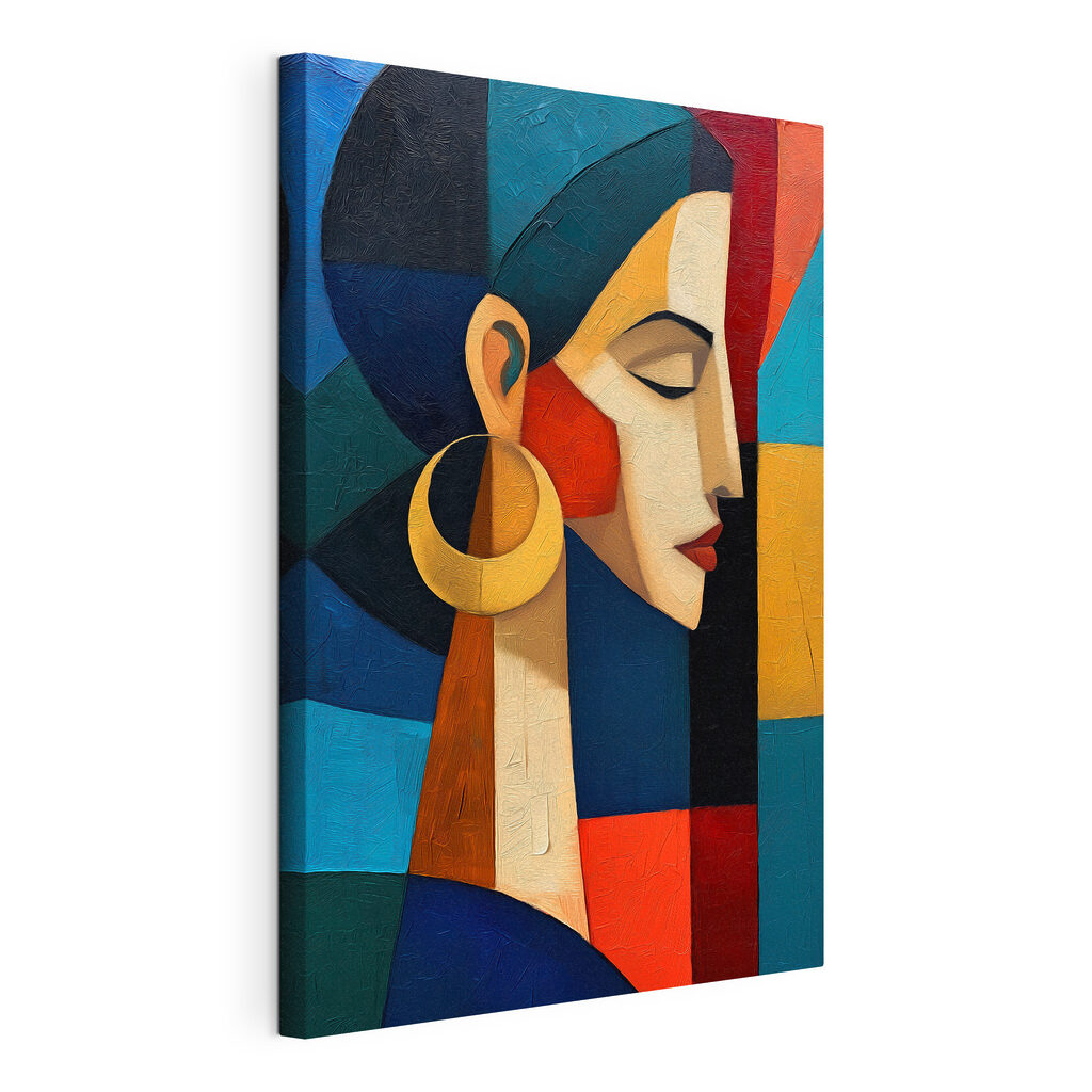 Mulher com brinco dourado, tela esticada e borda contínua
