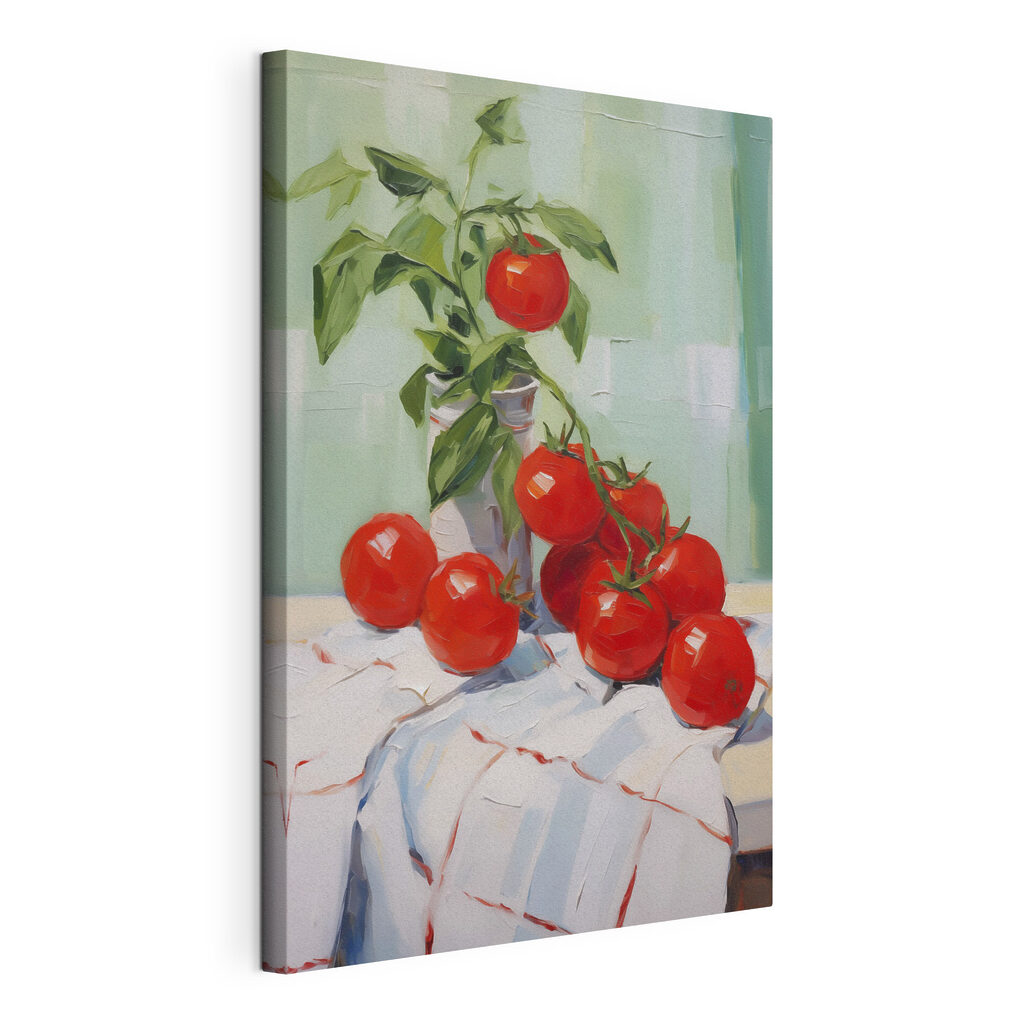 Tomates frescos no ramo, tela esticada e borda contínua