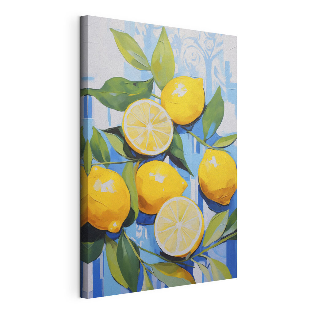 Limões sobre azul decorativo, tela esticada e borda contínua