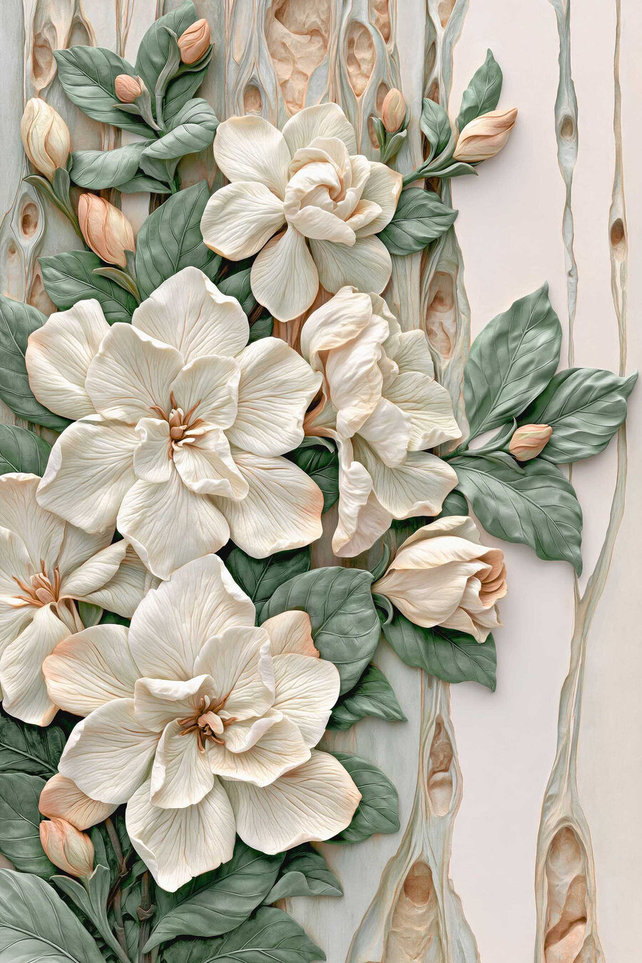 Flores creme entre folhas — design completo
