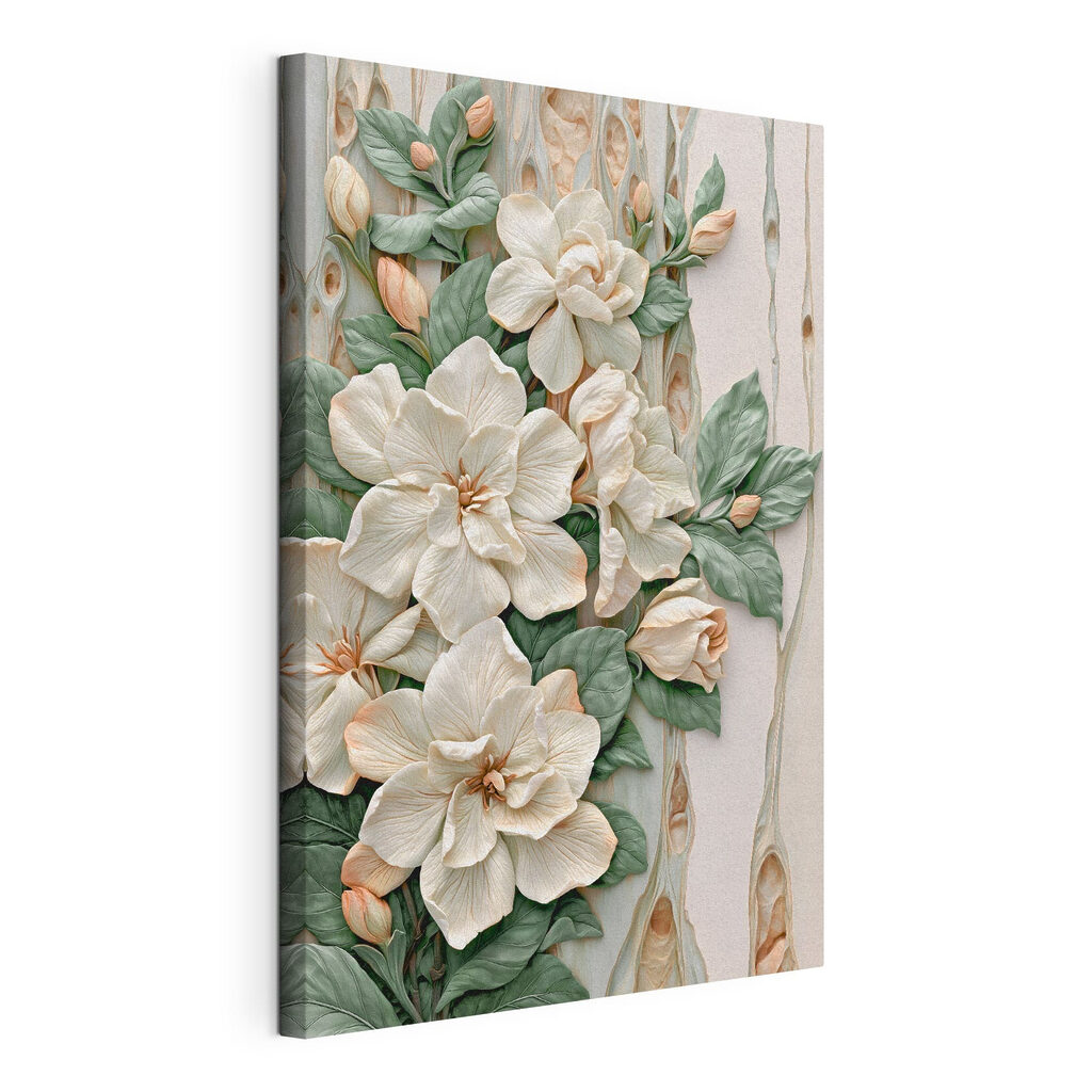 Flores creme entre folhas, tela esticada e borda contínua