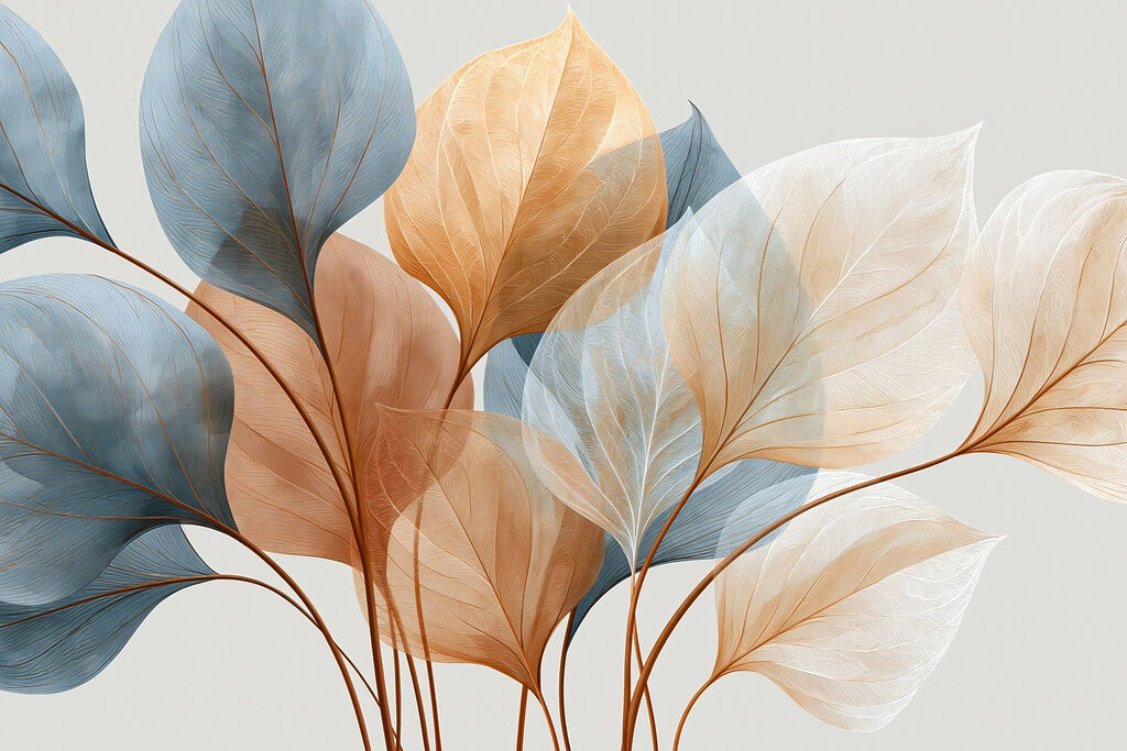 Folhas azuis e pêssego — design completo
