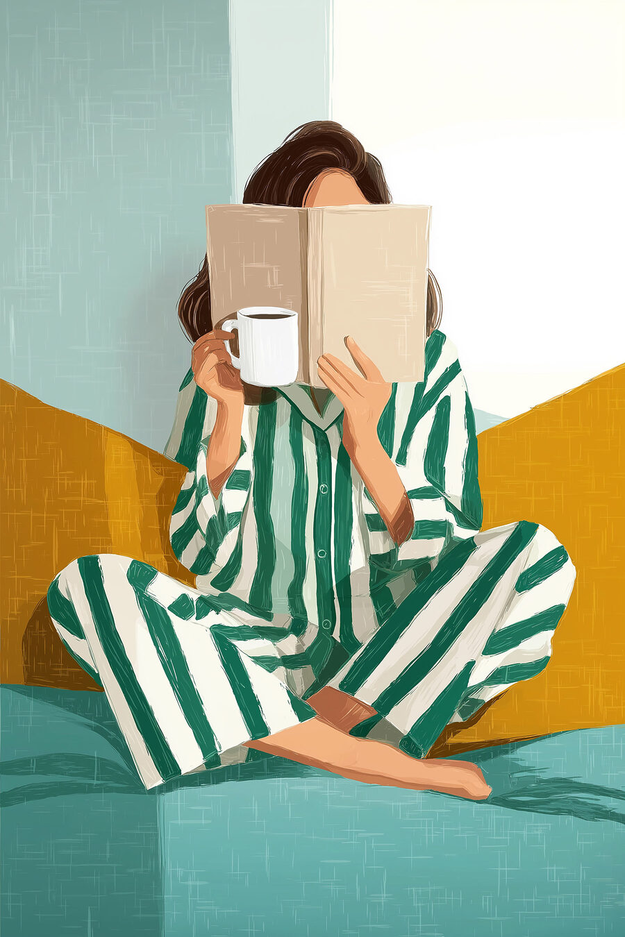 Leitura em pijama riscado — design completo
