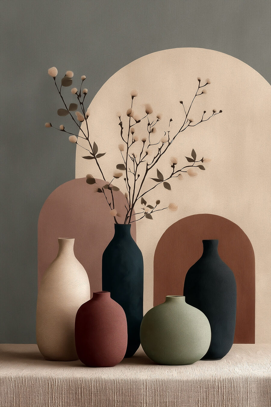 Cinco vasos sob arcos — design completo