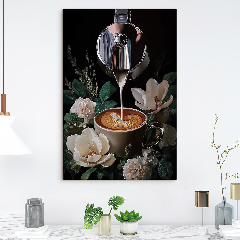 Café entre flores num interior