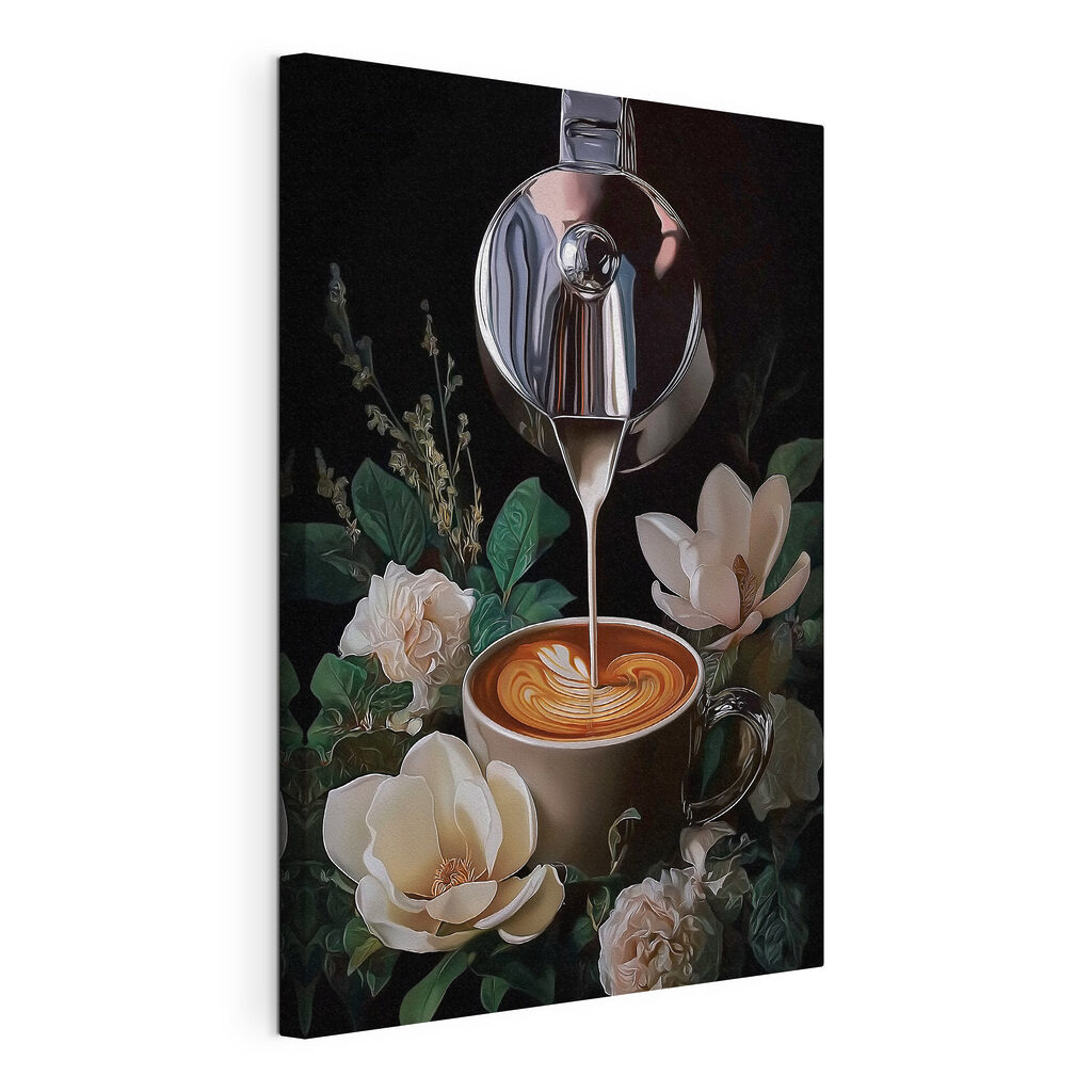 Café entre flores, tela esticada e borda contínua