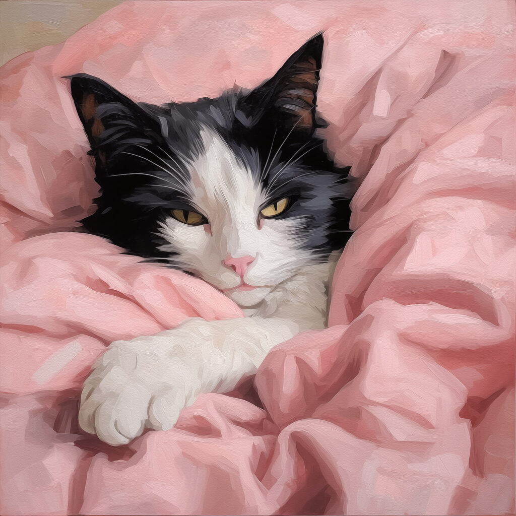 Gato em mantas rosa — design completo