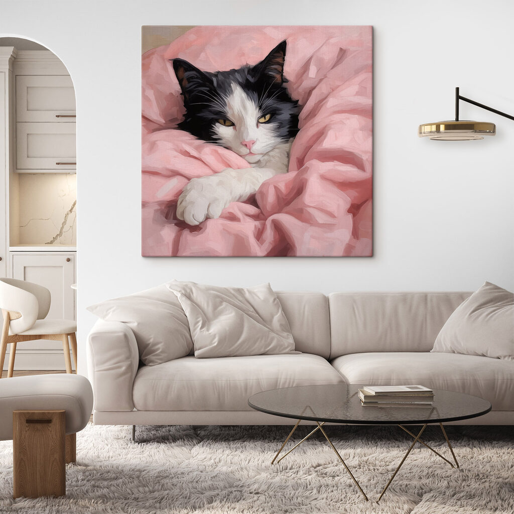 Gato em mantas rosa — interior 1