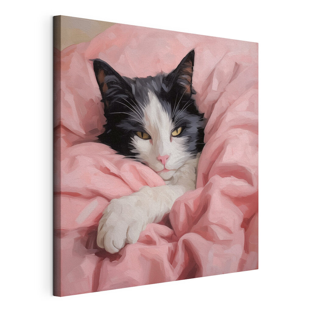Gato em mantas rosa, tela esticada e borda contínua