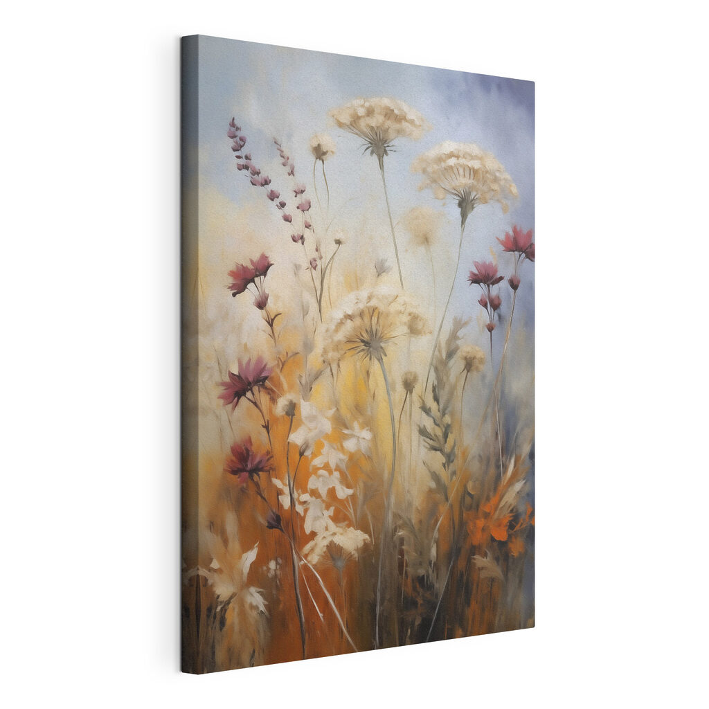 Flores à luz dourada, tela esticada e borda contínua
