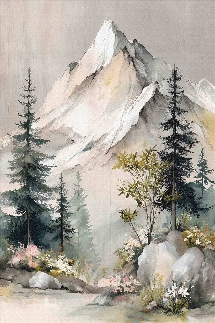 Pico nevado e flores — design completo