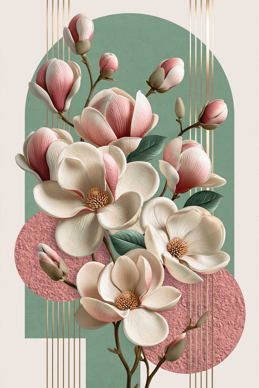 Magnólia rosa sobre círculos — design completo