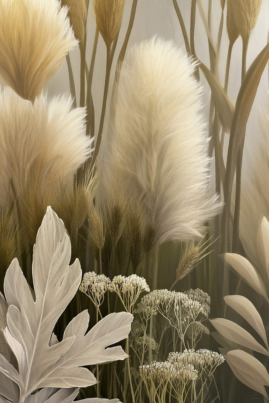 Gramíneas brancas entre flores — design completo