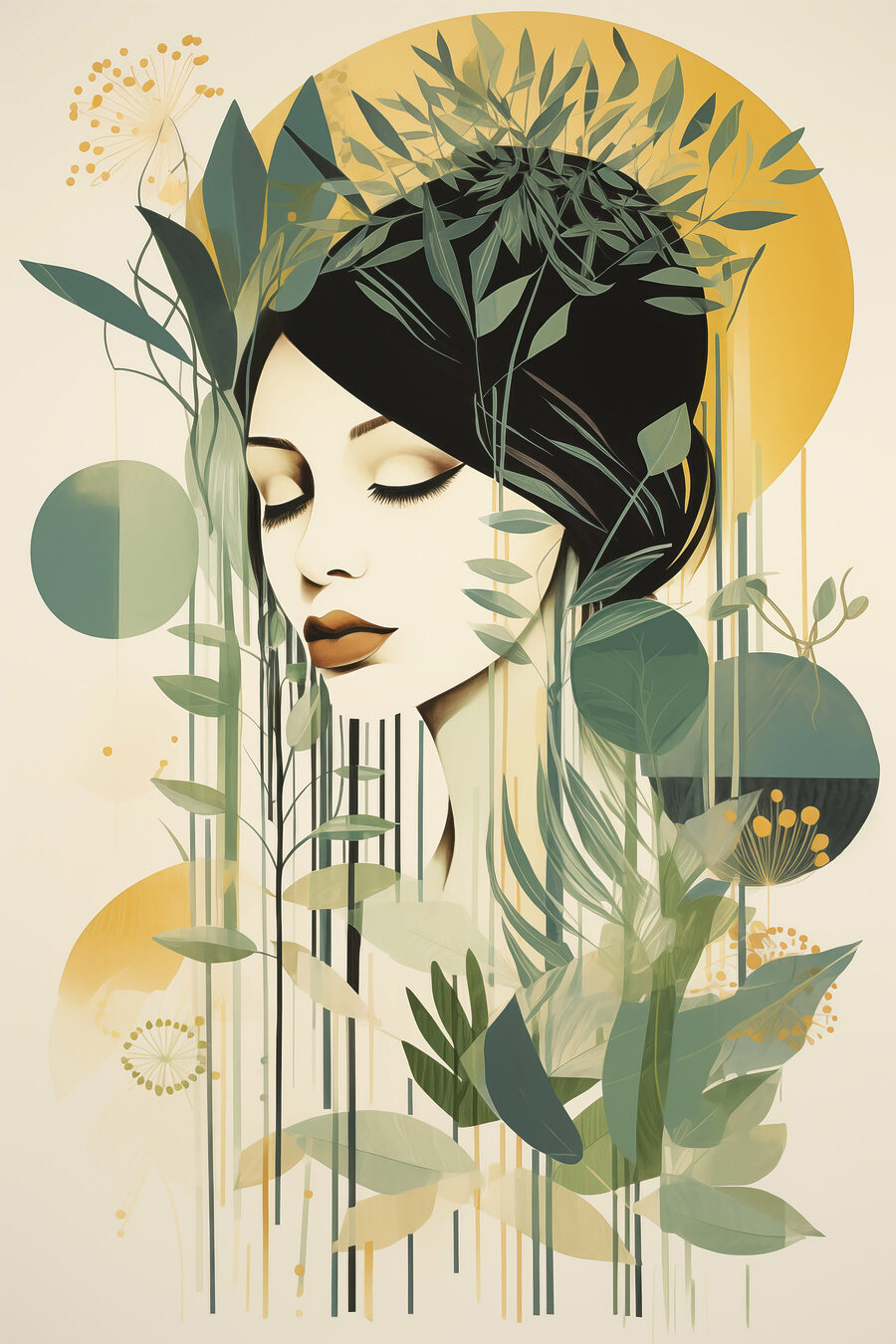 Mulher entre ramos verde-oliva — design completo