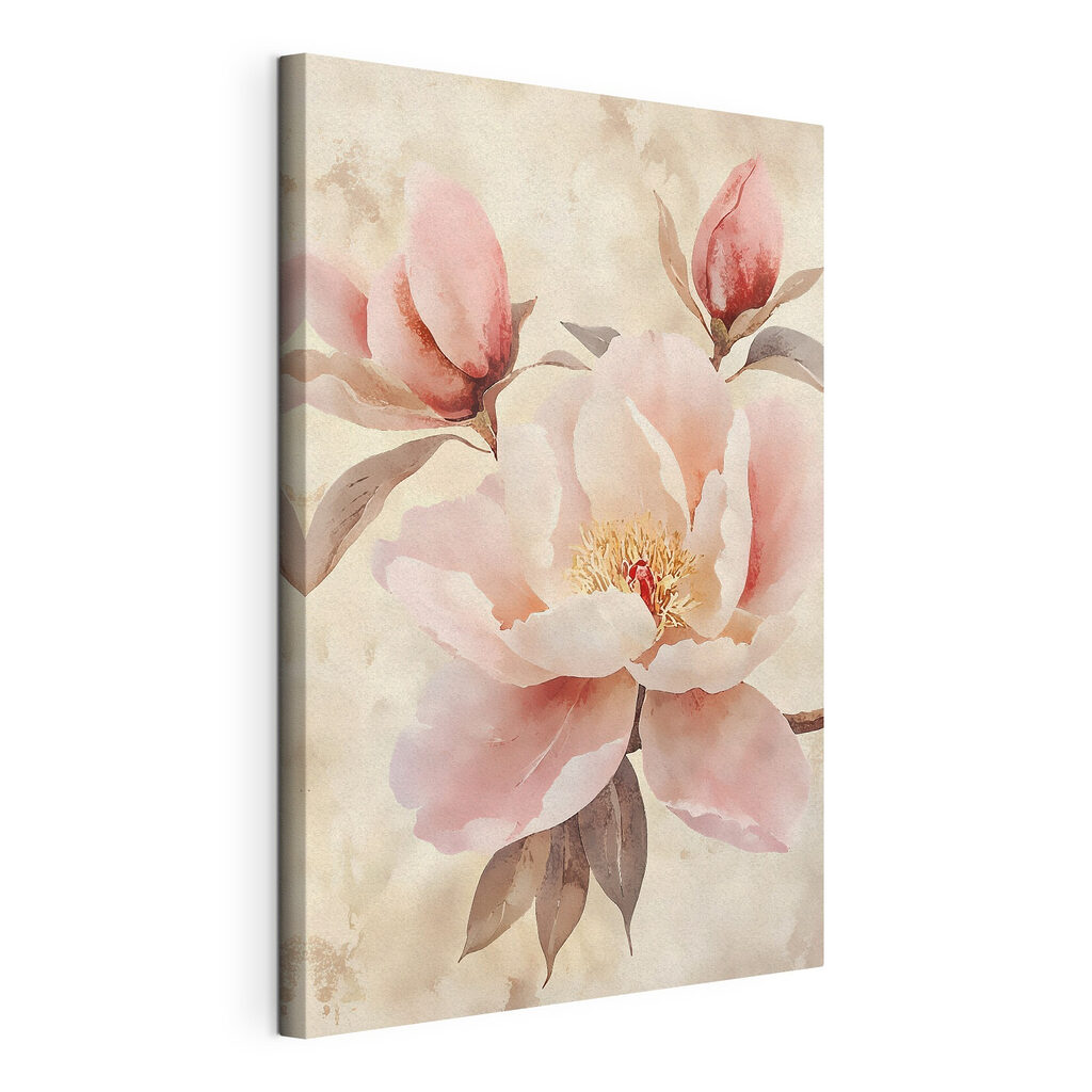 Magnólia cor-de-rosa com botões, tela esticada e borda contínua