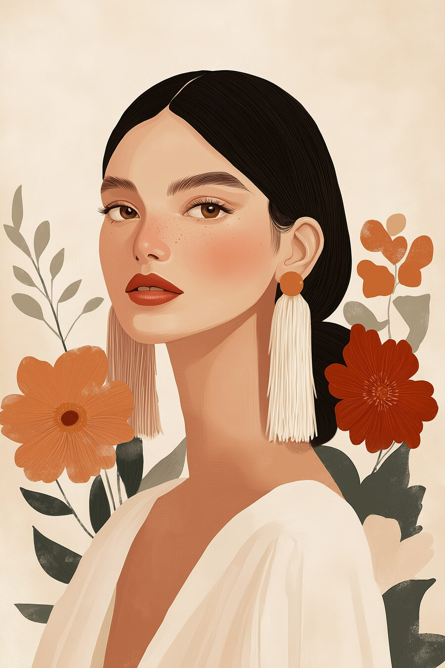 Mulher entre flores laranja — design completo