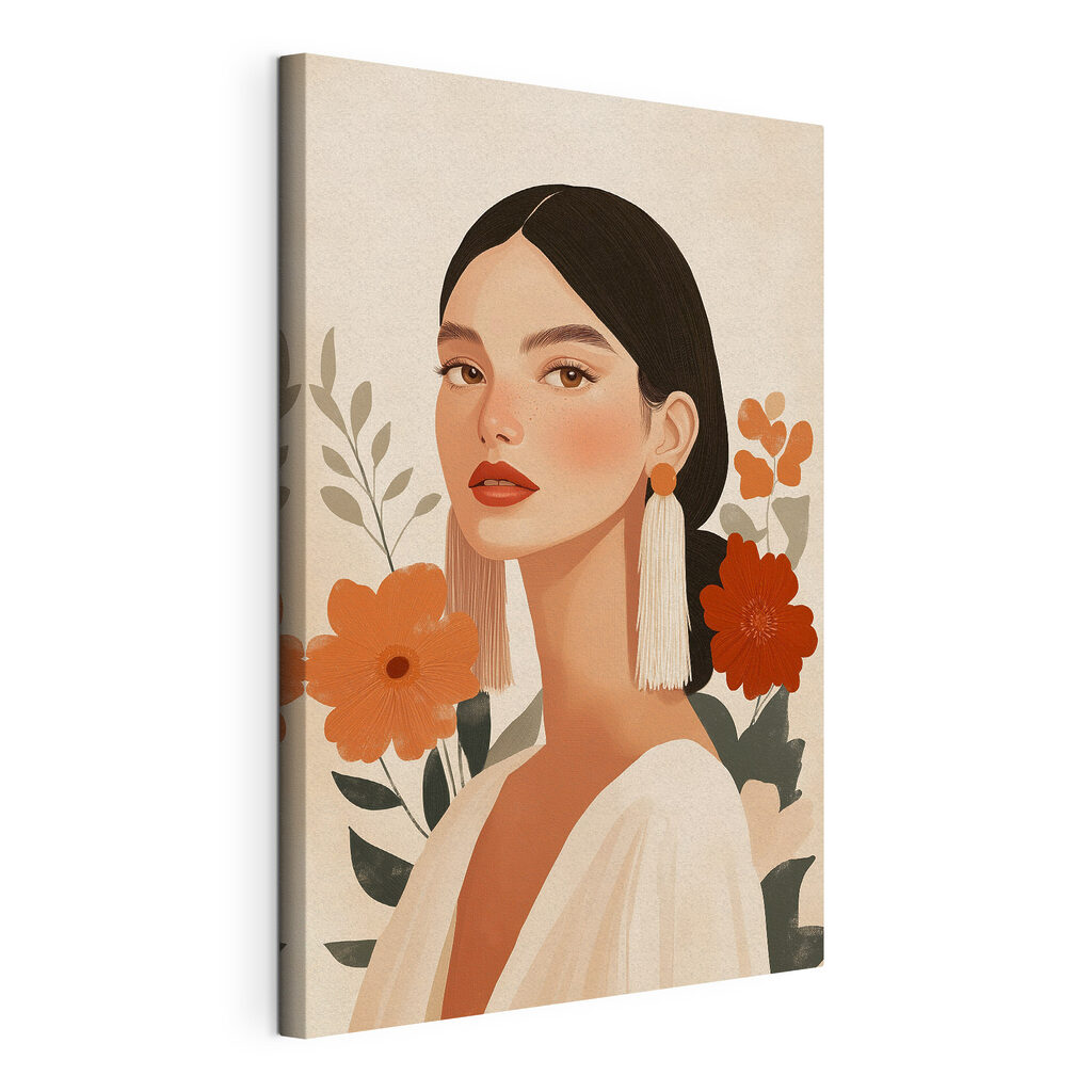Mulher entre flores laranja — vista do produto