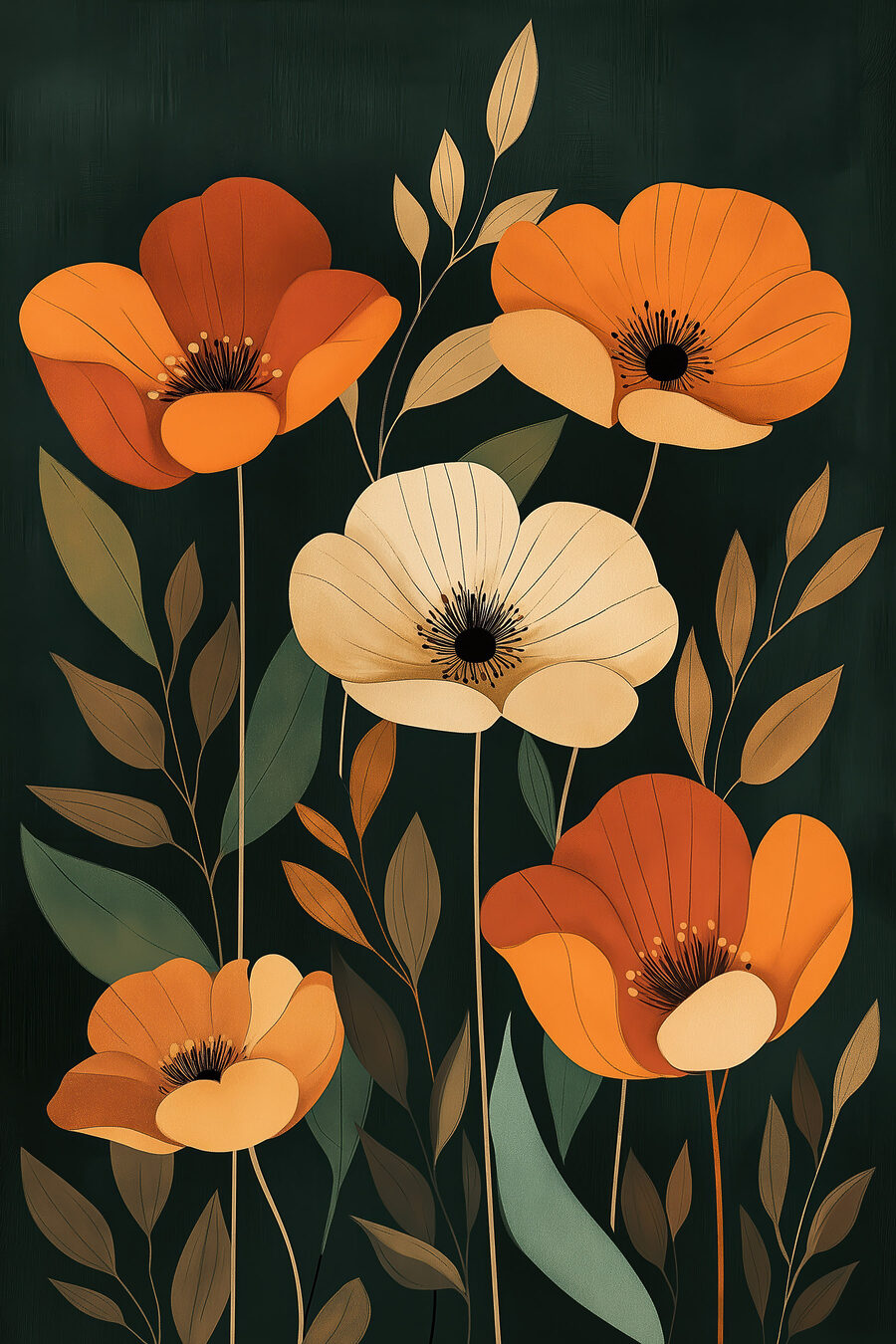 Flores laranja sobre verde-escuro — design completo