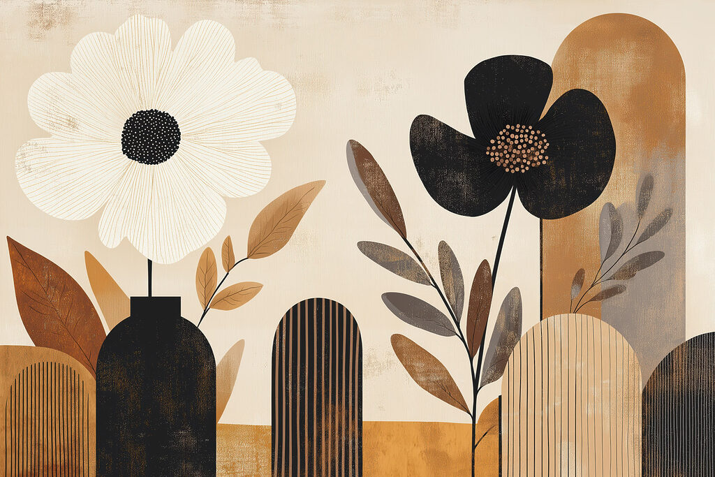 Flores pretas e brancas — design completo