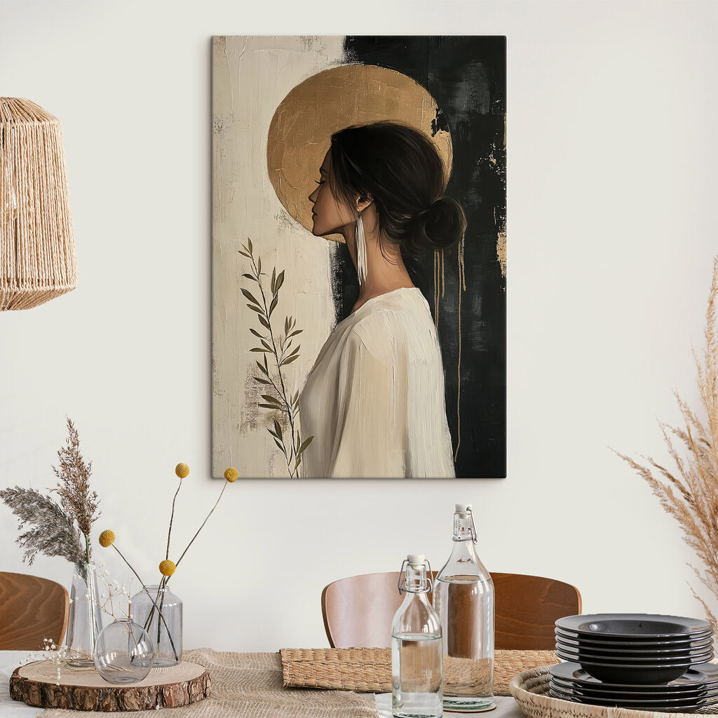 Perfil com círculo dourado num interior
