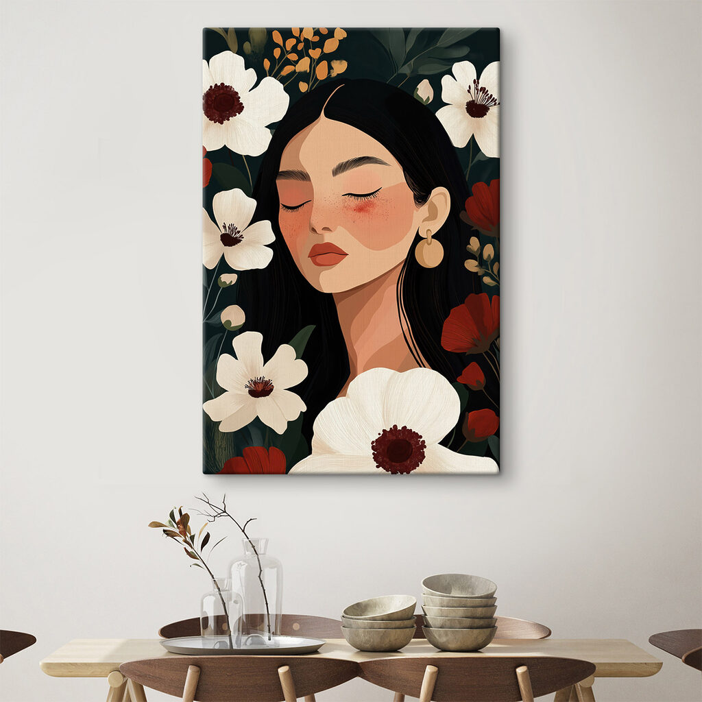 Mulher entre flores creme num interior