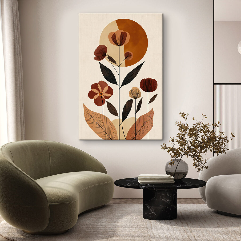 Flores laranja entre folhas num interior