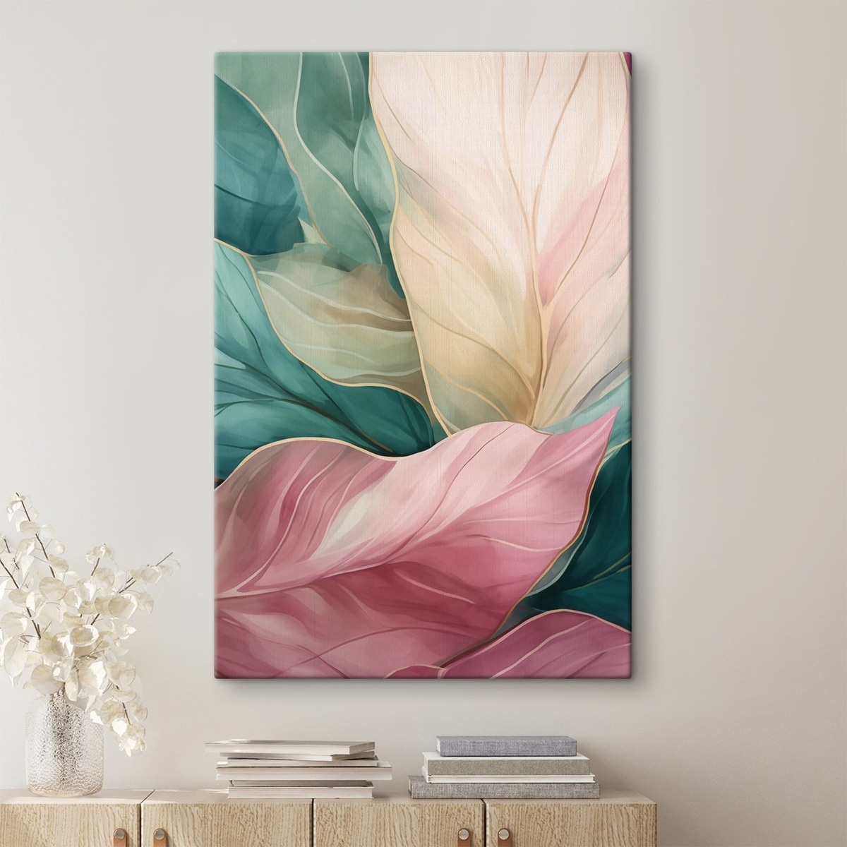 Folhas verde-esmeralda e rosa — interior 2