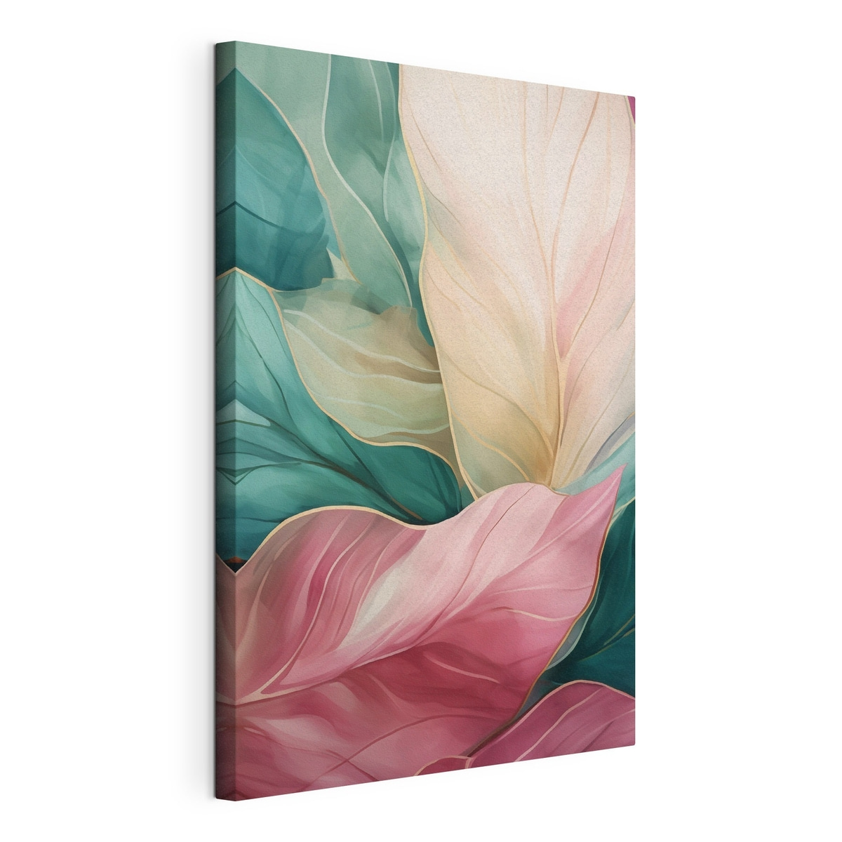 Folhas verde-esmeralda e rosa, tela esticada e borda contínua