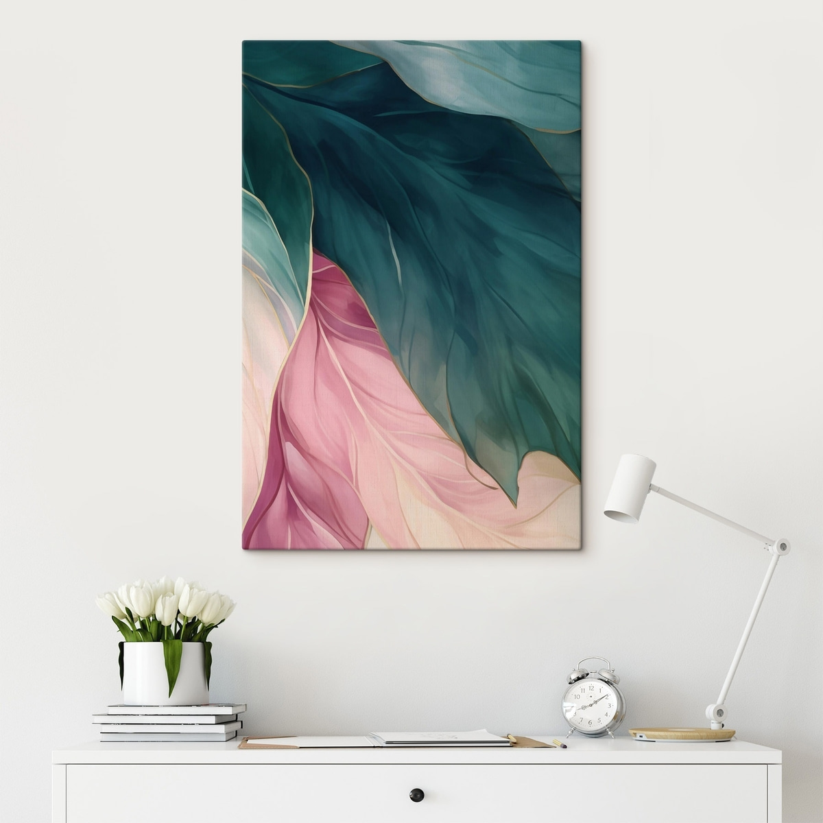 Folhas turquesa e rosa-pó — interior 2