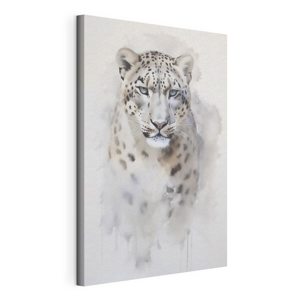 Leopardo-das-neves em tons claros, tela esticada e borda contínua