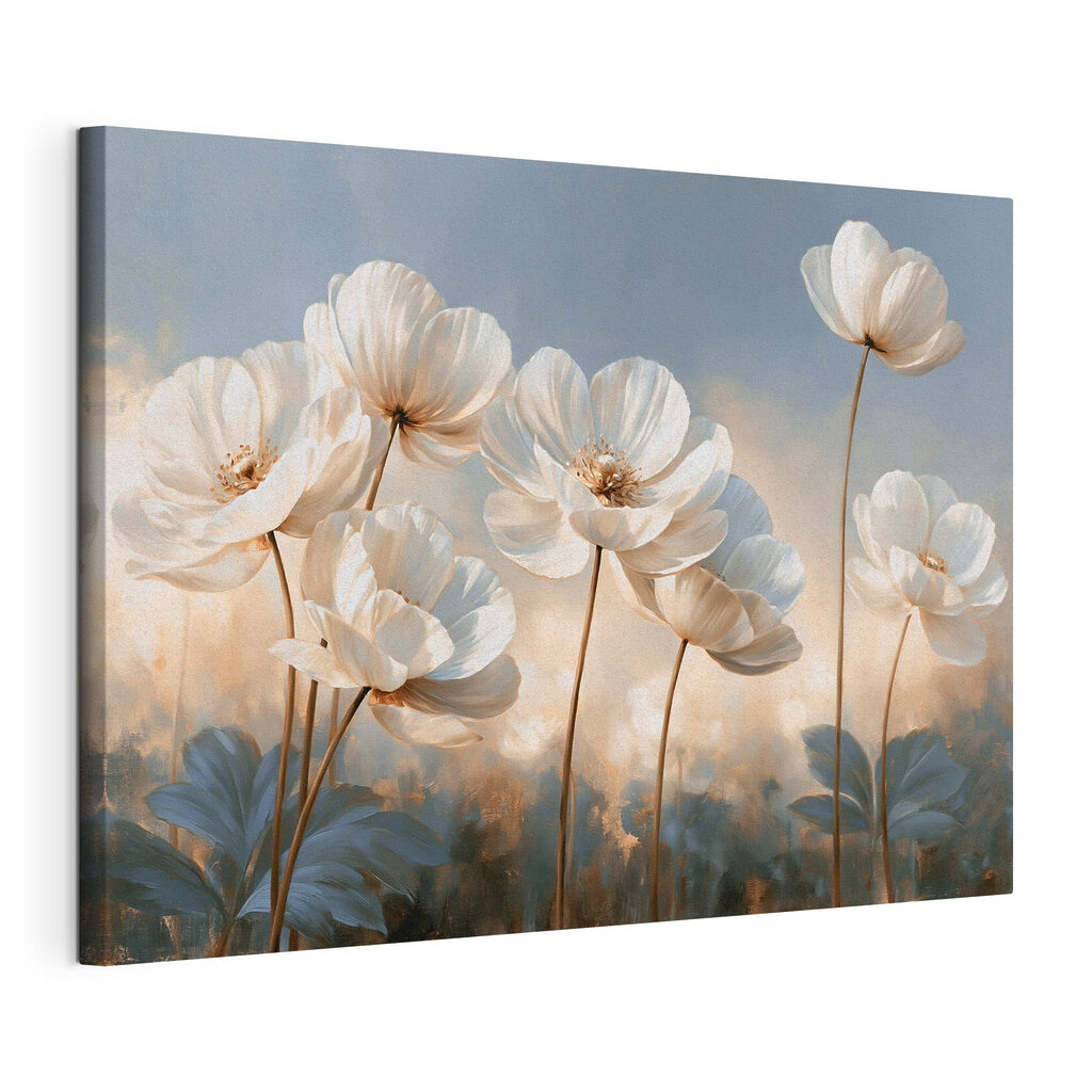 Flores brancas ao entardecer, tela esticada e borda contínua