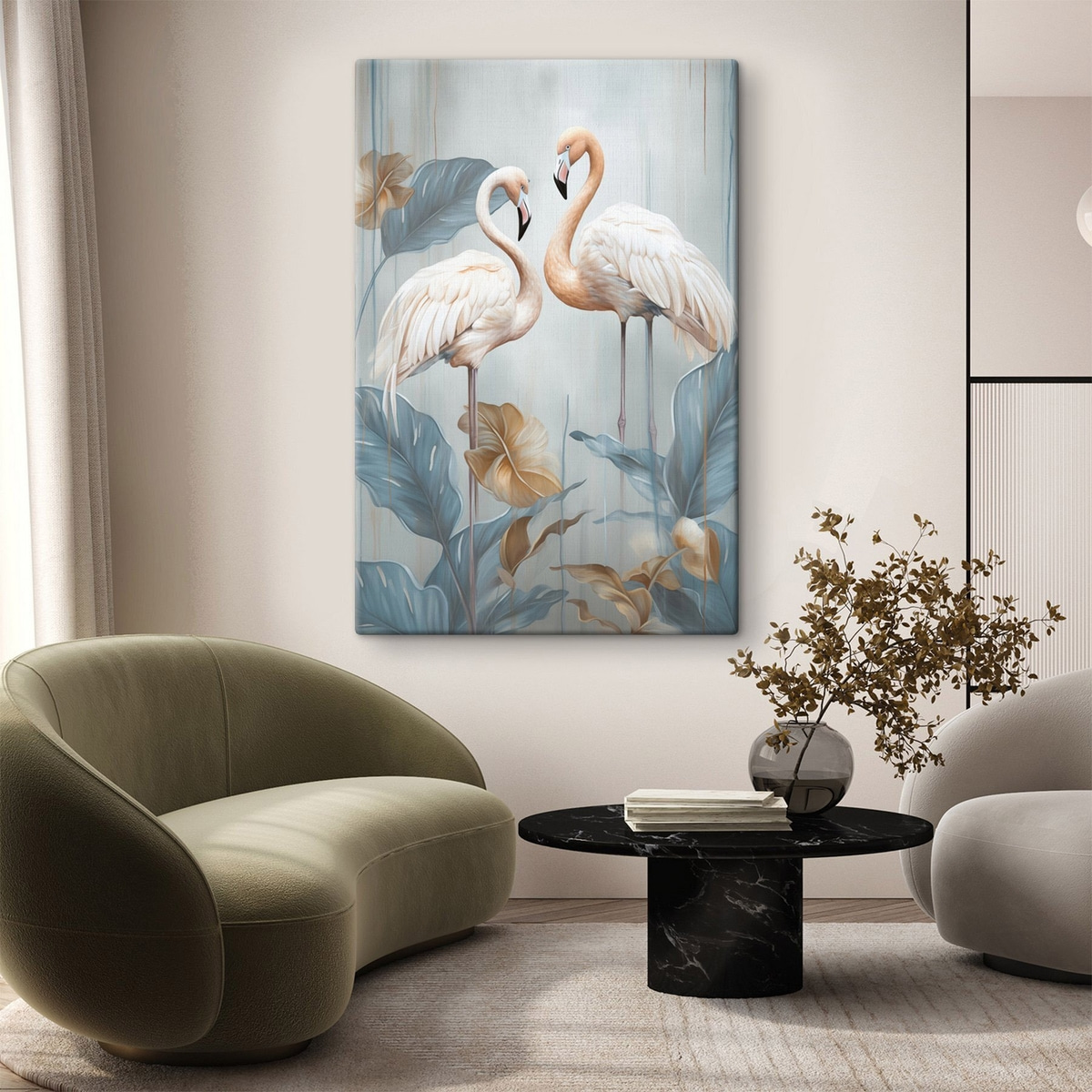 Flamingos entre folhas tropicais — interior 1