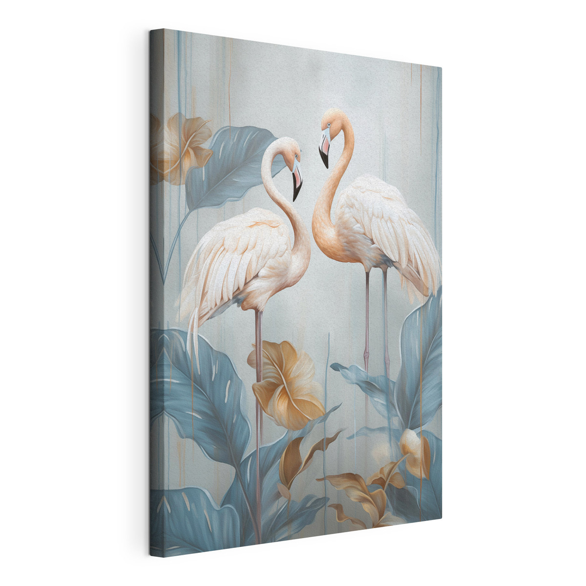 Flamingos entre folhas tropicais, tela esticada e borda contínua